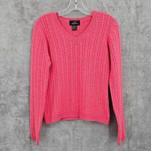 Pure Cashmere Sweater S Pink Cable Knit Long Sleeve Soft VNeck Pullover Colorful